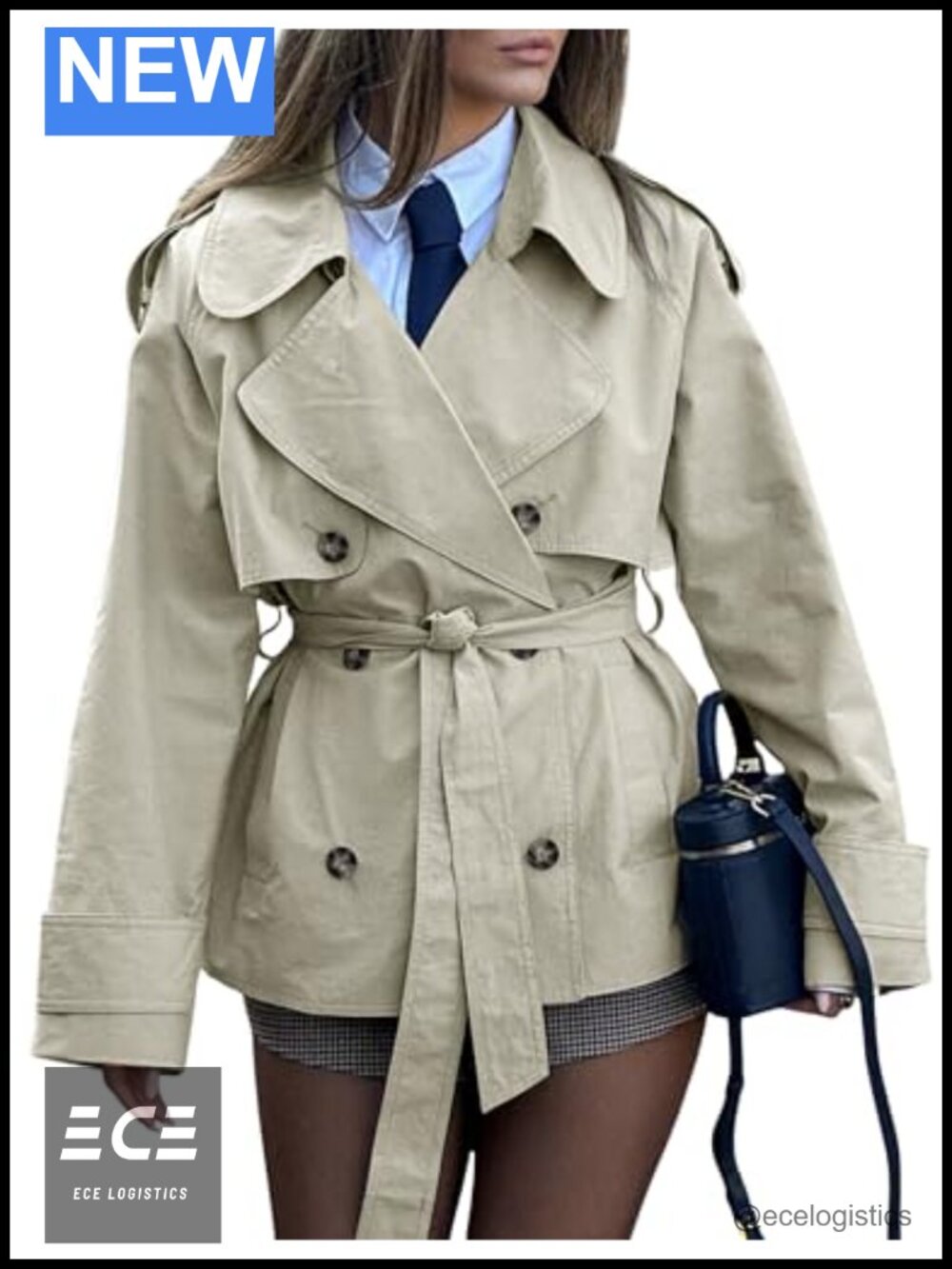 Cropped Trench Coat Double Breasted Lapel Belt Women's